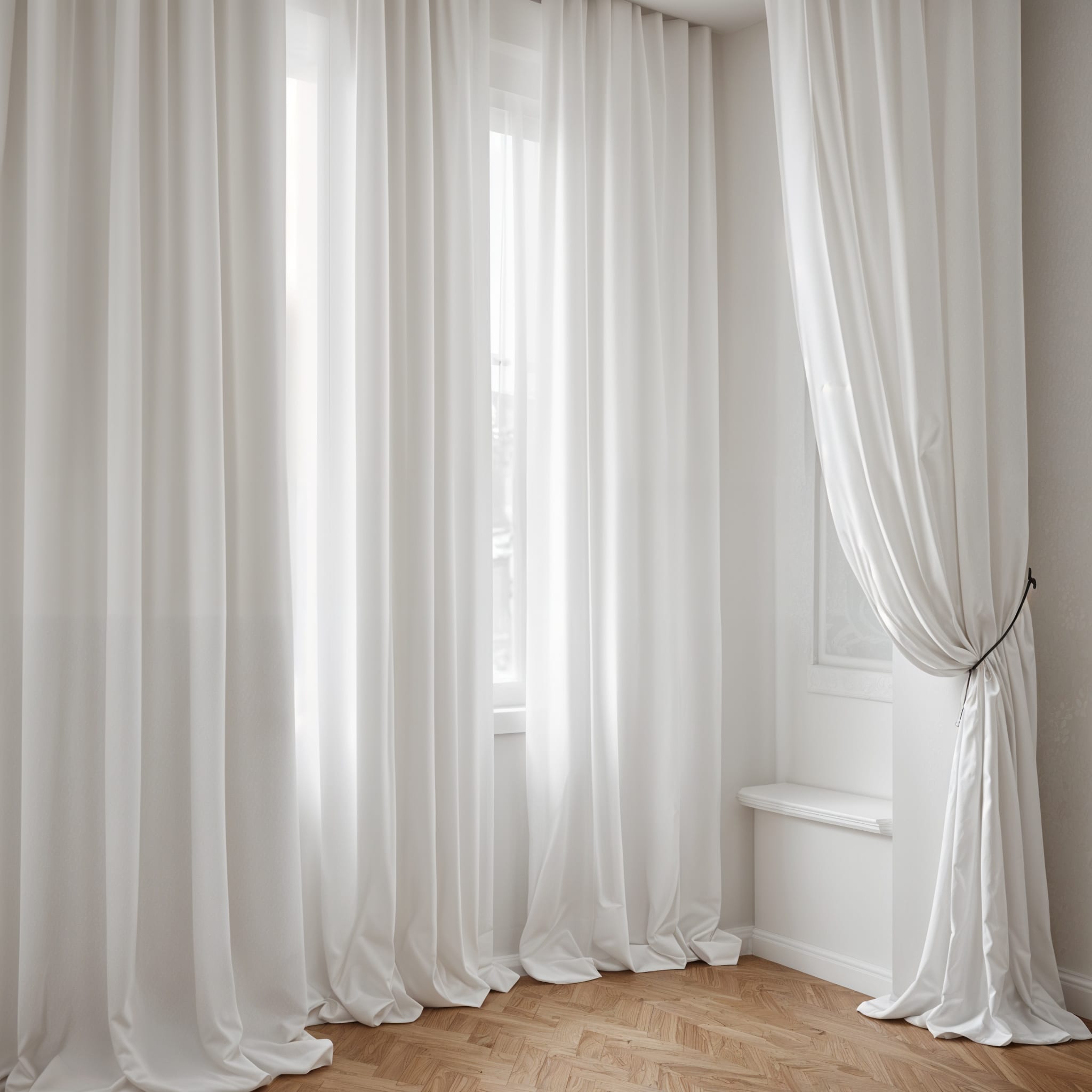 Detalhe de cortina em voil branco com tie-back lateral